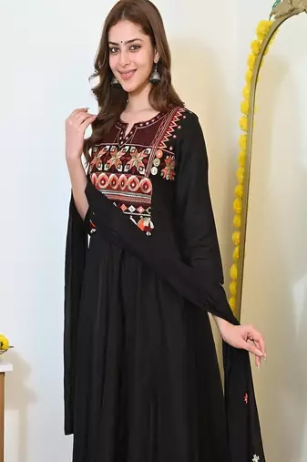 Floral embroidered u neck  cotton kurta trouser & dupatta set