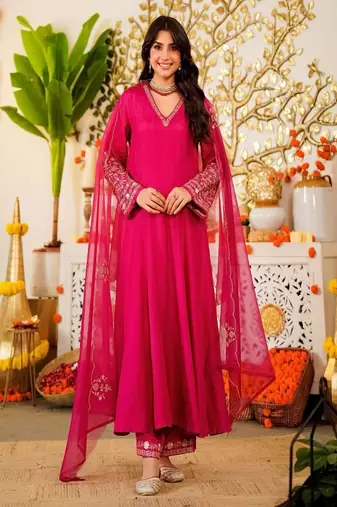 Floral embroidered v neck silk kurta trouser & dupatta set