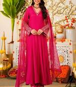 Floral embroidered v neck silk kurta trouser & dupatta set