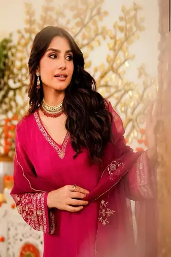 Floral embroidered v neck silk blend kurta trouser & dupatta set