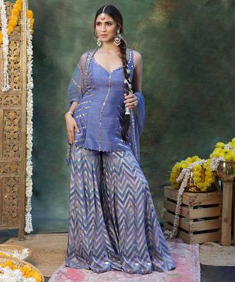Blue embroidered raw silk sharara set 1