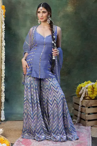 Blue embroidered raw silk sharara set