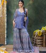 Blue embroidered raw silk sharara set