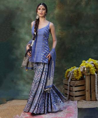Blue embroidered raw silk sharara set 2