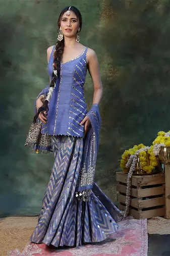Blue embroidered raw silk sharara set