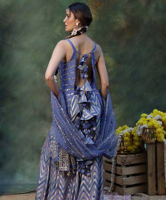 Blue embroidered raw silk sharara set 3