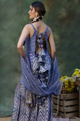 Blue embroidered raw silk sharara set