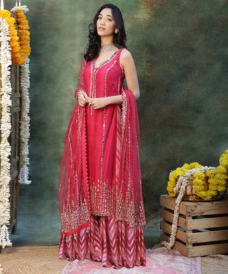 Pink embroidered raw silk sharara set 1