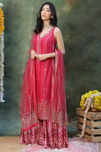 Pink embroidered raw silk sharara set