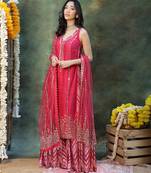 Pink embroidered raw silk sharara set