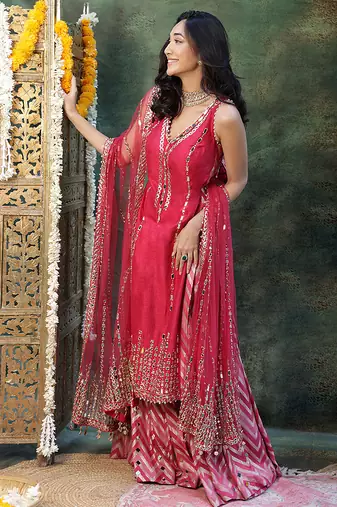 Pink embroidered raw silk sharara set