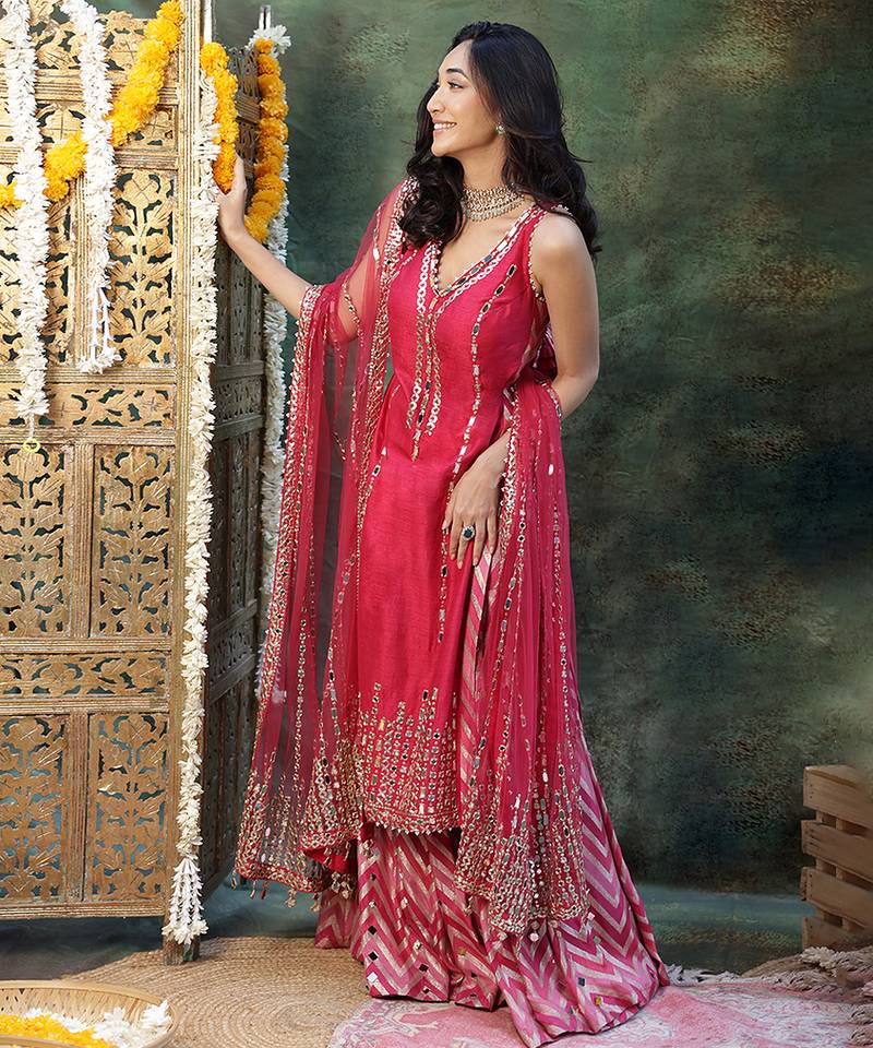 Pink embroidered raw silk sharara set