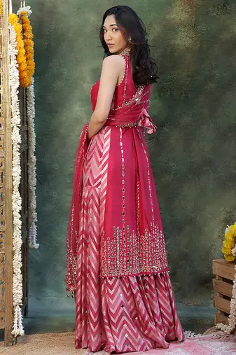 Pink embroidered raw silk sharara set
