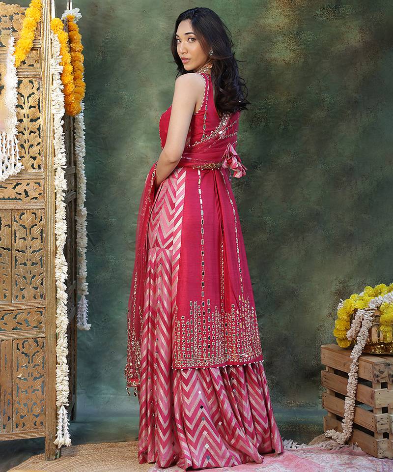 Pink embroidered raw silk sharara set