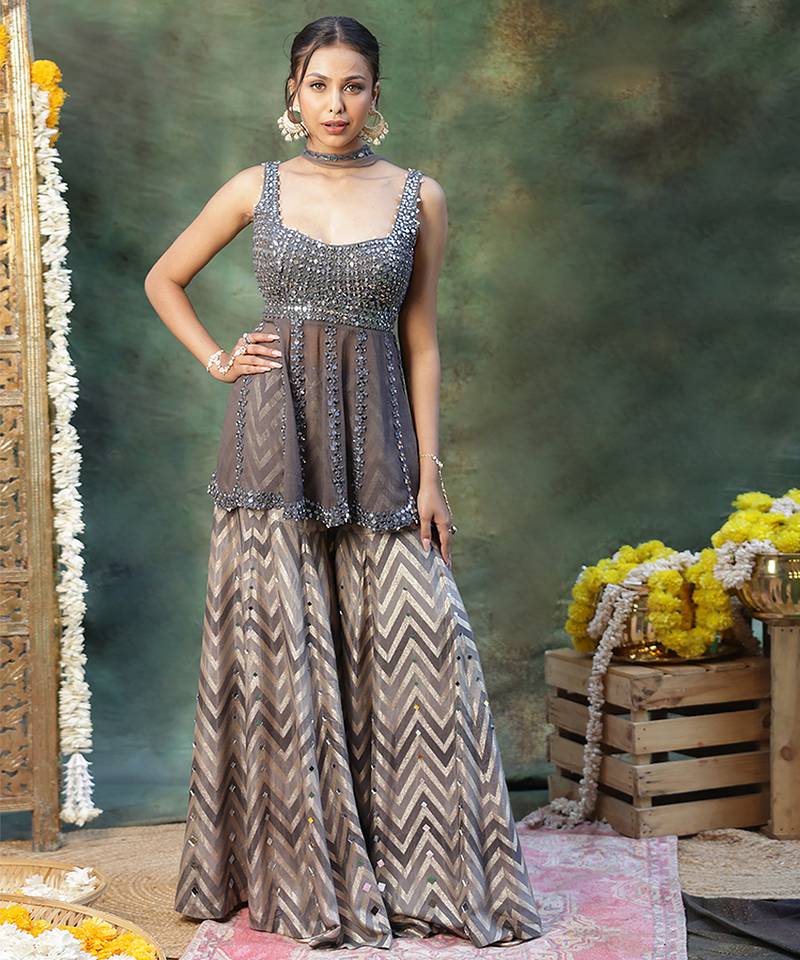 Grey embroidered georgette sharara set