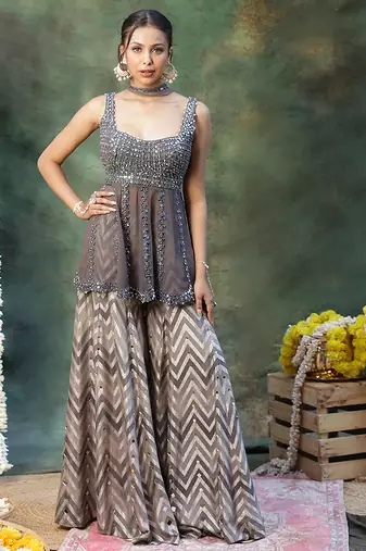 Grey embroidered georgette sharara set