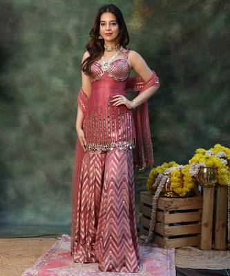 Pink embroidered raw silk sharara set 1