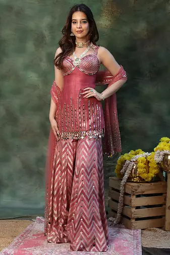 Pink embroidered raw silk sharara set