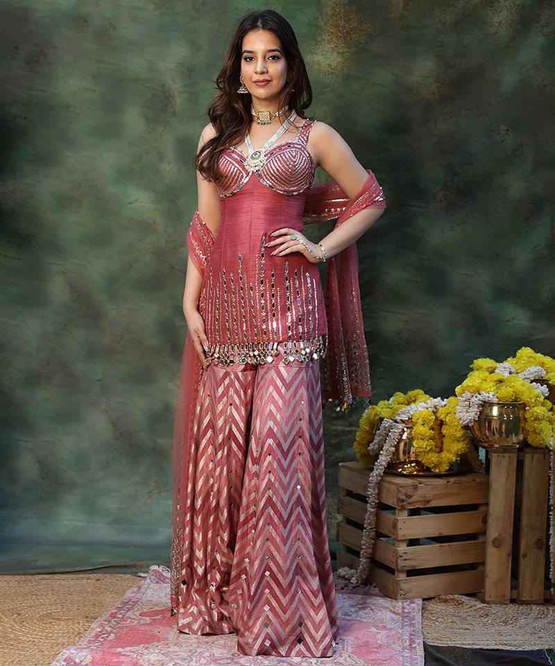 Pink embroidered raw silk sharara set