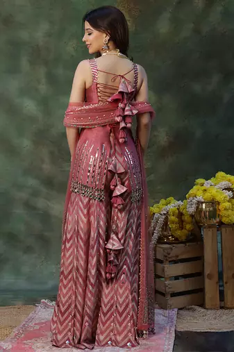 Pink embroidered raw silk sharara set