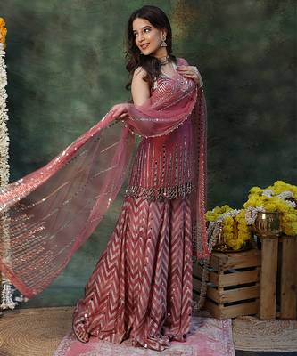Pink embroidered raw silk sharara set 3