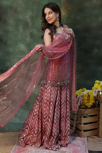 Pink embroidered raw silk sharara set