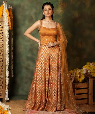 Rust orange embroidered raw silk kurta set 1