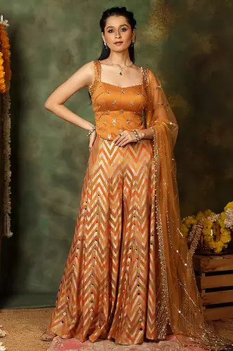Rust orange embroidered raw silk kurta set