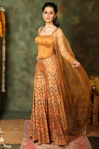 Rust orange embroidered raw silk kurta set