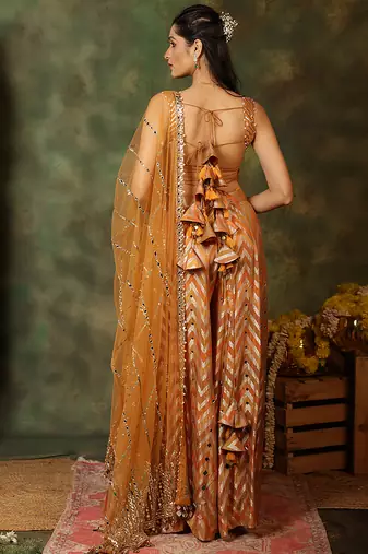 Rust orange embroidered raw silk kurta set