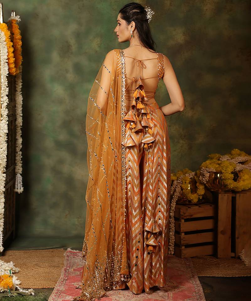 Rust orange embroidered raw silk kurta set