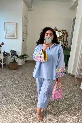 Floral embroidered round neck pure cotton kurta & trouser set