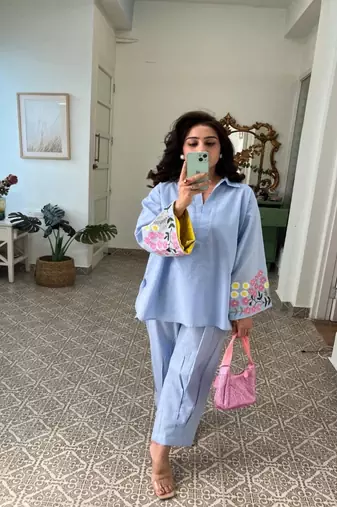 Floral embroidered round neck pure cotton kurta & trouser set