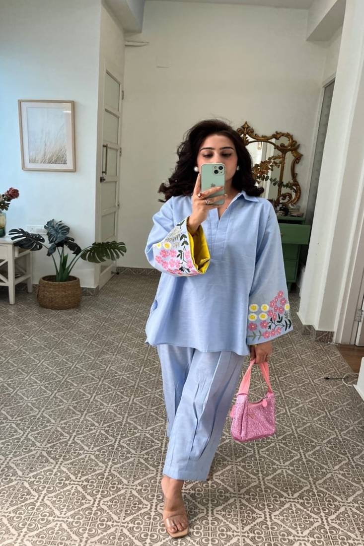 Floral embroidered round neck pure cotton kurta & trouser set