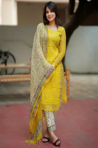 Floral embroidered u neck pure cotton kurta trouser & dupatta set