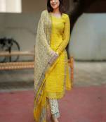 Floral embroidered u neck pure cotton kurta trouser & dupatta set