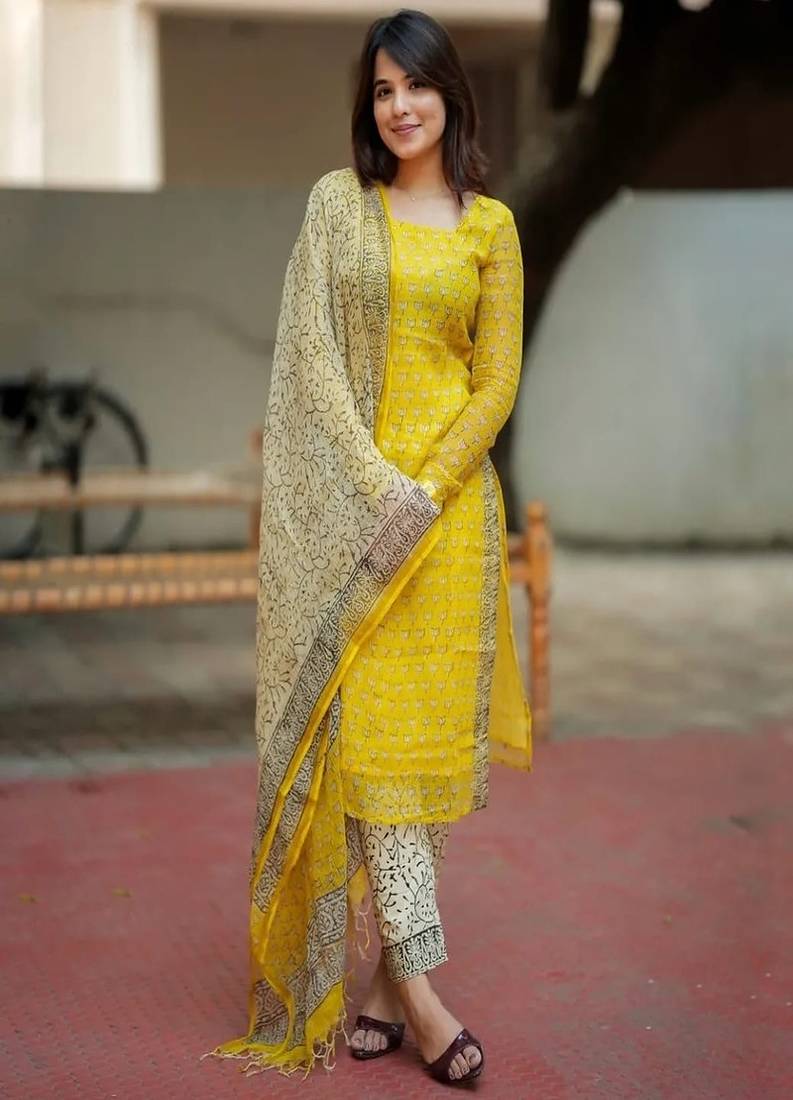 Floral embroidered u neck pure cotton kurta trouser & dupatta set