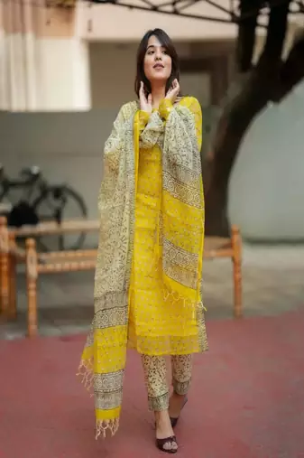 Floral embroidered u neck pure cotton kurta trouser & dupatta set
