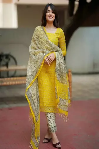Floral embroidered u neck pure cotton kurta trouser & dupatta set
