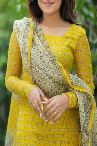 Floral embroidered u neck pure cotton kurta trouser & dupatta set