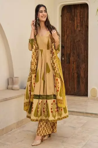 Floral printed boat neck pure cotton kurta trouser & dupatta set