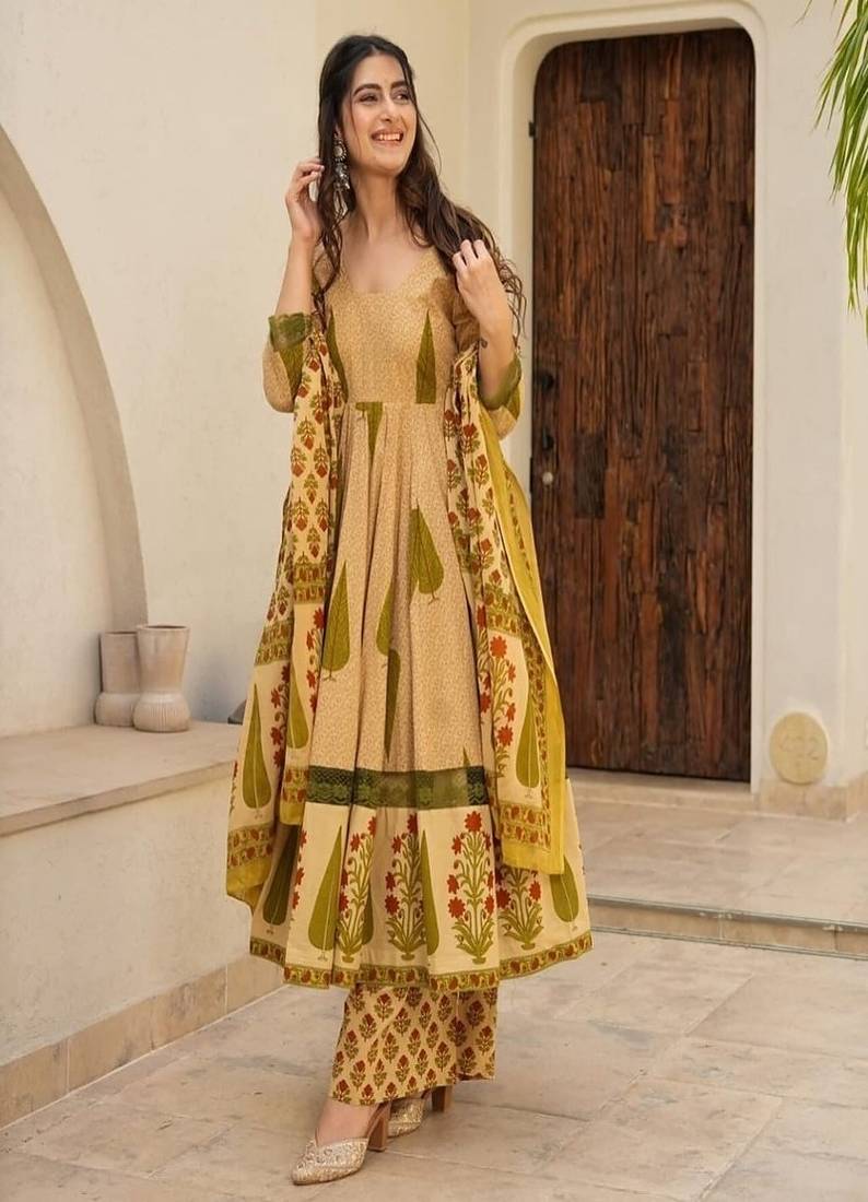 Floral printed boat neck pure cotton kurta trouser & dupatta set