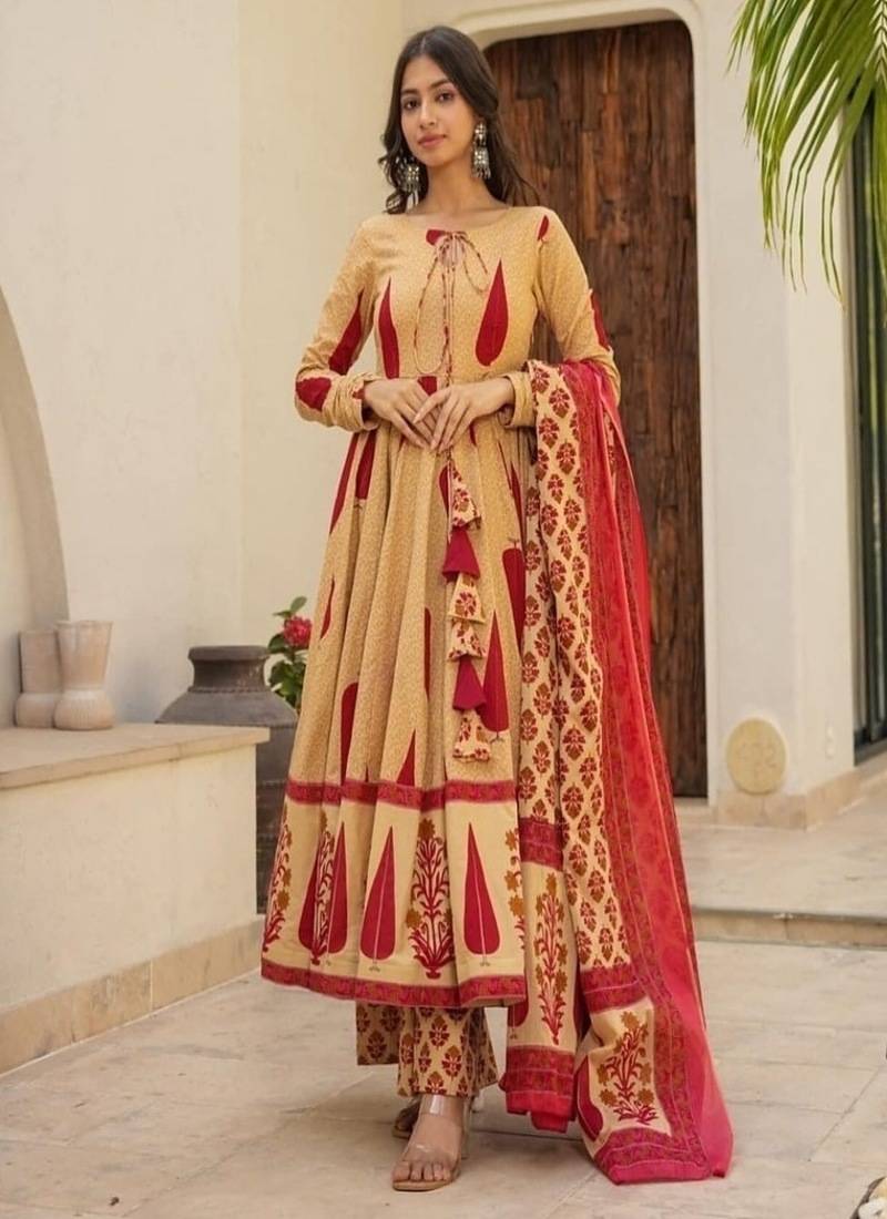 Floral printed boat neck pure cotton kurta trouser & dupatta set