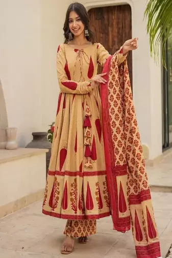 Floral printed boat neck  cotton kurta trouser & dupatta set