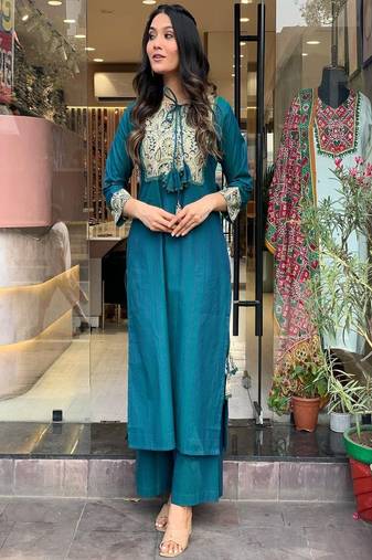 Floral embroidered round neck pure cotton kurta & trouser set