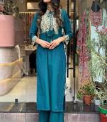 Floral embroidered round neck pure cotton kurta & trouser set