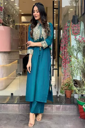 Floral embroidered round neck  cotton kurta & trouser set