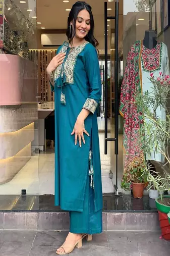 Floral embroidered round neck  cotton kurta & trouser set