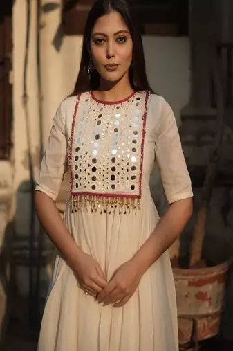 Floral embroidered round neck  cotton kurta & trouser set