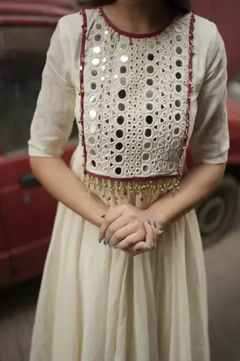 Floral embroidered round neck  cotton kurta & trouser set